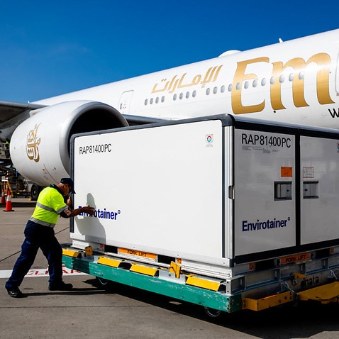 The first Australian shipment of AstraZeneca COVID-19 vaccines is seen after landing at Sydney International Airport, Sunday, 28 February, 2021
