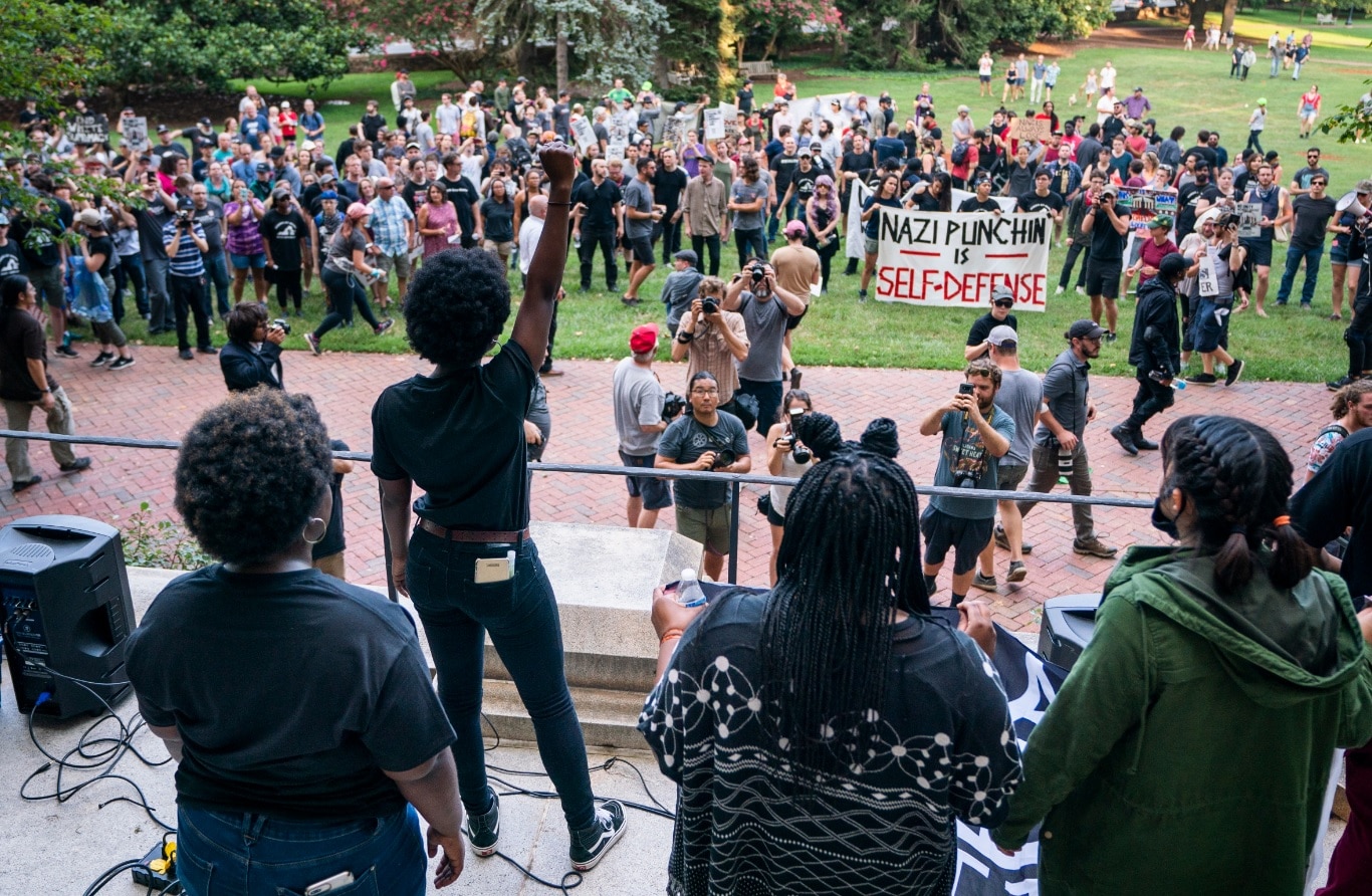 Students from the University of Virginia (UVA), along with residents and anti-fascists, hold a 'Rally for Justice' 