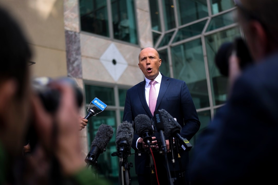 Peter Dutton speaks to the media after losing a bid for the top job. 