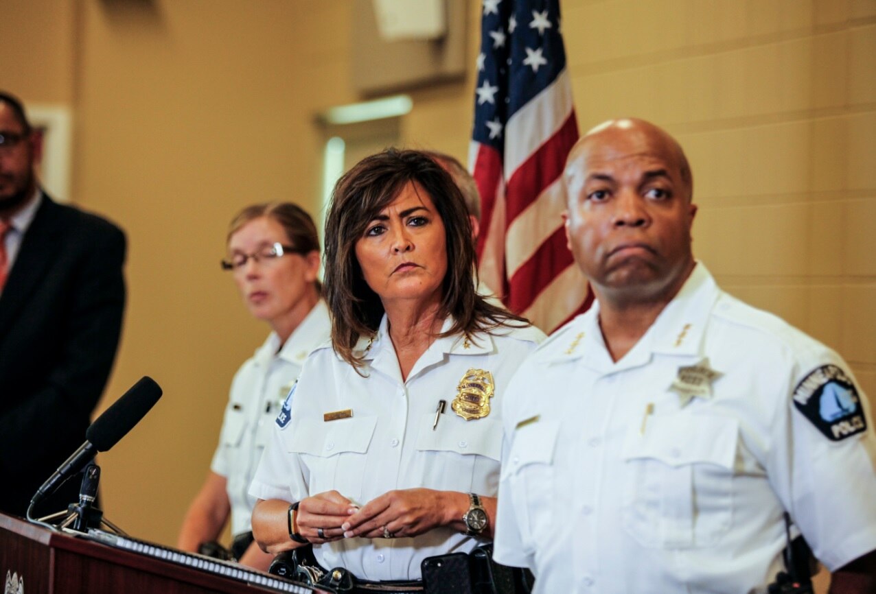 Minneapolis police chief Janee Harteau, center, with police inspector Kathy Waite, left, and assistant chief Medaria Arradondo during a news conference in 2017.