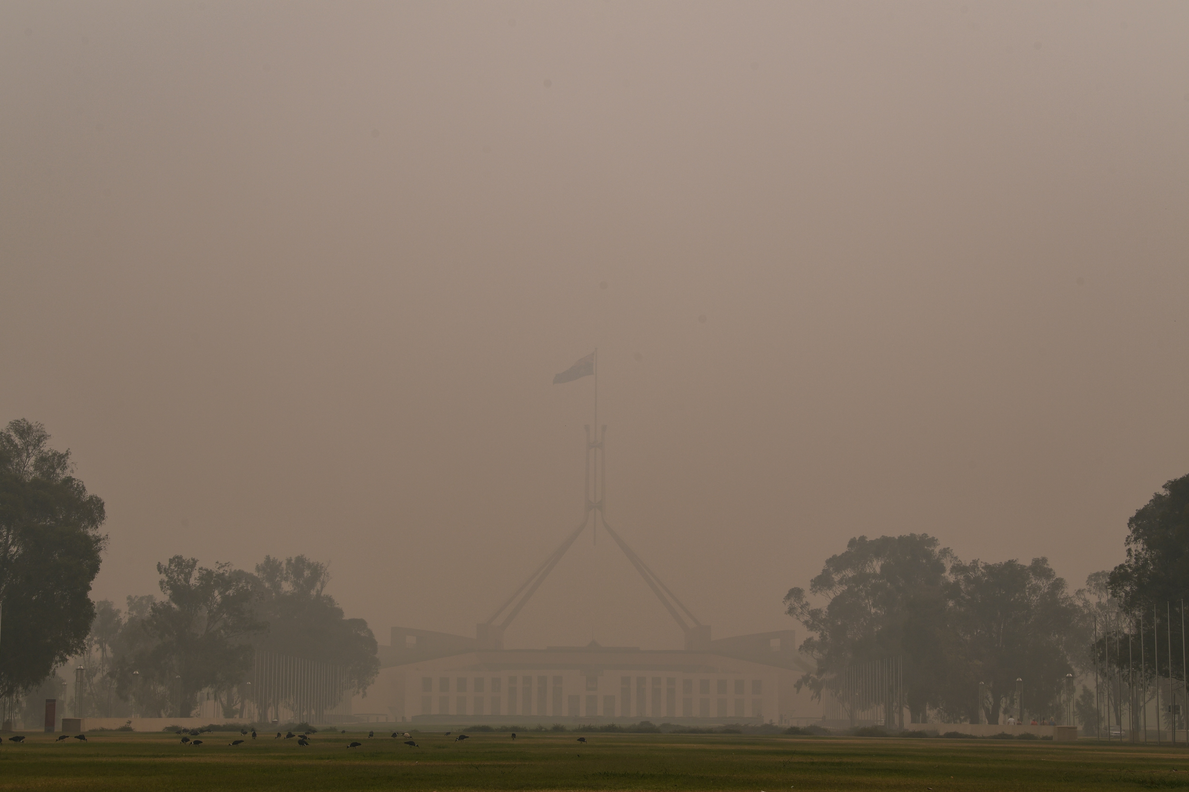 Parliament House is seen through thick smoke haze in Canberra.