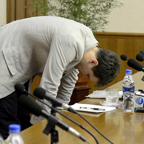 In this Feb. 29, 2016, photo, American student Otto Warmbier bows as he speaks to reporters in Pyongyang, North Korea. 
