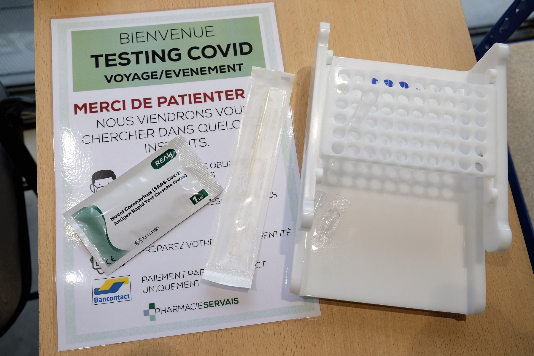 This illustration shows a Rapid Antigen Test kit at Pharmacy Servais in Jodoigne