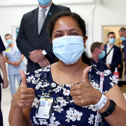 Gayathry Vellangalloor Srinivasan, an Environmental Services Supervisor was the first person in NSW to receive the Pfizer COVID-19 vaccine, 22 February, 2021. 