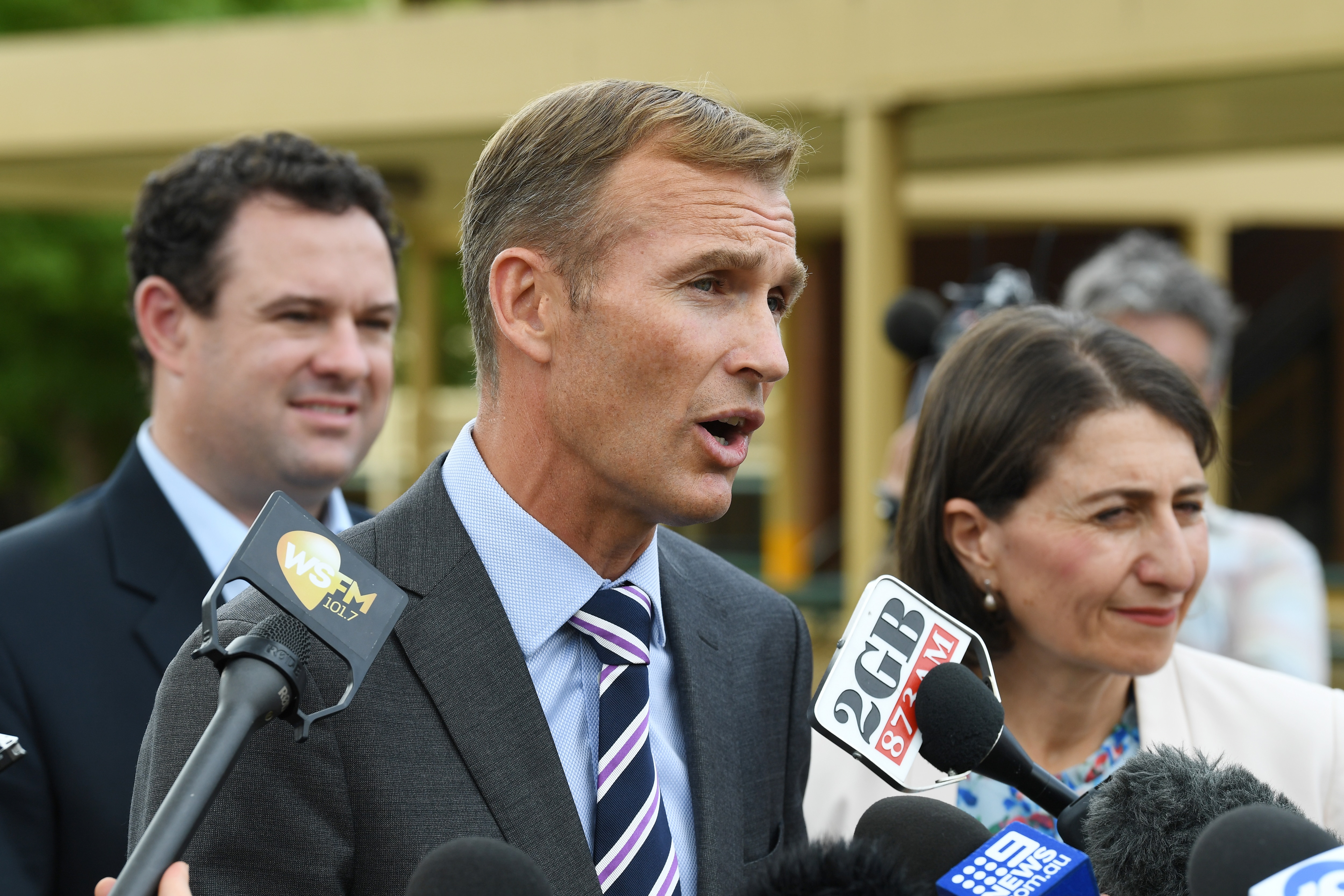 Education Minister Rob Stokes (centre) during a visit York Public School in South Penrith, Sydney, Wednesday.