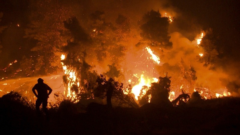 Residents and volunteers watch the development of the fire in a forest area near the village of Kamatriades in Evia.