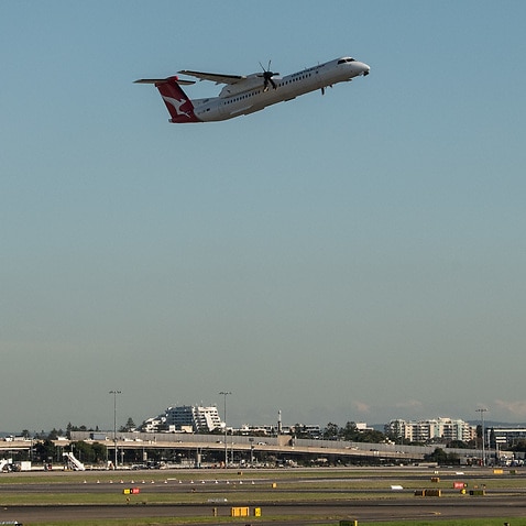 A plane takes off from Sydney Airport.