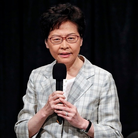 Hong Kong Chief Executive Carrie Lam speaks during a community dialogue on Thursday.