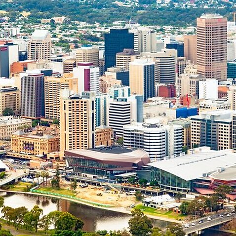 Aerial view City of Adelaide CBD, Torrens River