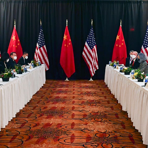 The opening session of US-China talks at the Captain Cook Hotel in Anchorage, Alaska, 18 March, 2021.