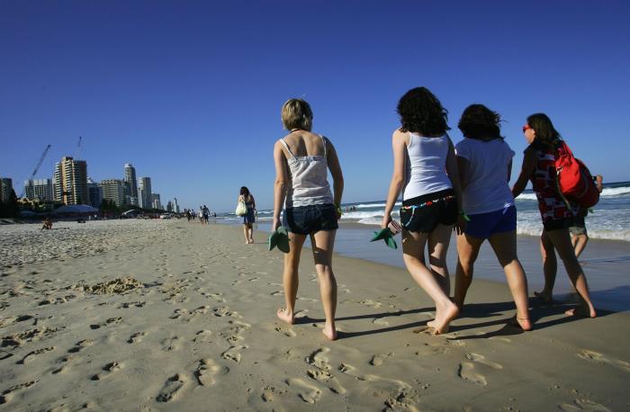 A group of graduating school leavers walk along the beach towards Surfers Paradise. 