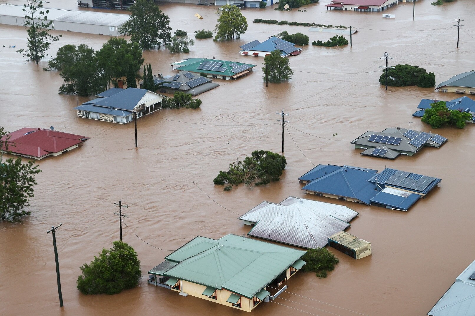Flood-affected properties in Lismore, NSW, on February 28, 2022