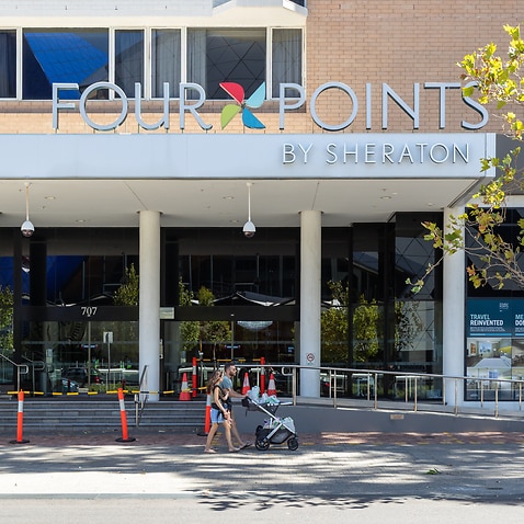The Four Points Sheraton hotel in Perth where a security guard worked and tested postive for COVID-19, Sunday, 31 January, 2021.