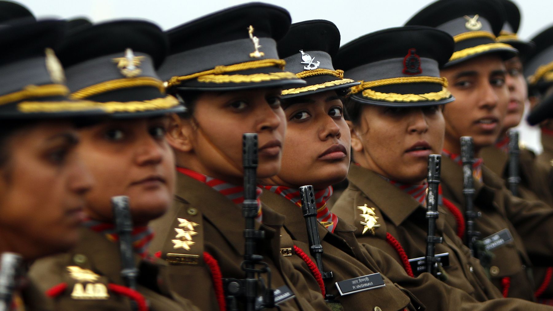 A Women officer contingent of Indian Army march during the Army Day parade at Delhi Cantt on January 15, 2015 in New Delhi, India.