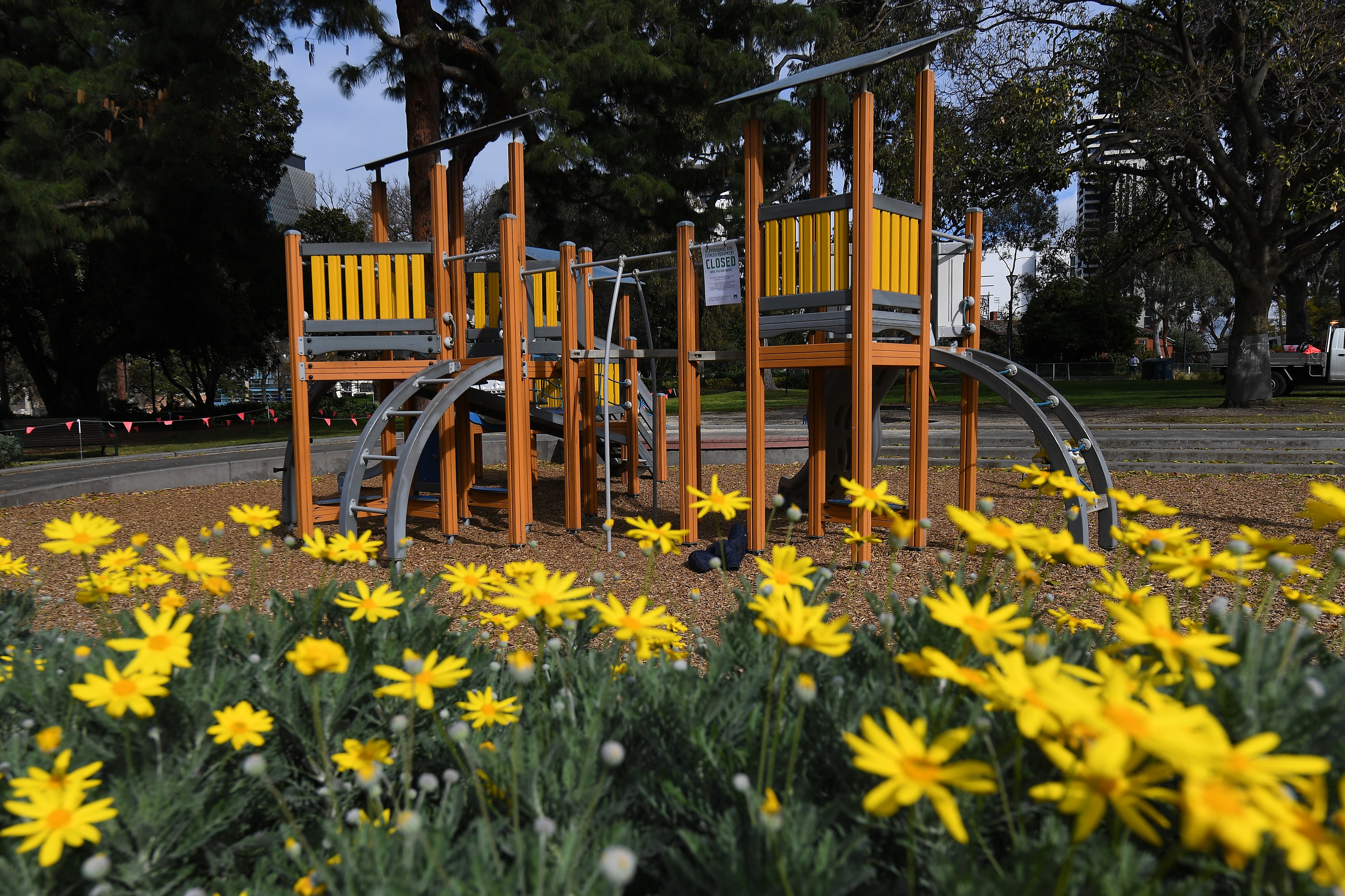 A closed playground is seen in Flagstaff Gardens in Melbourne, Tuesday, August 17, 2021.