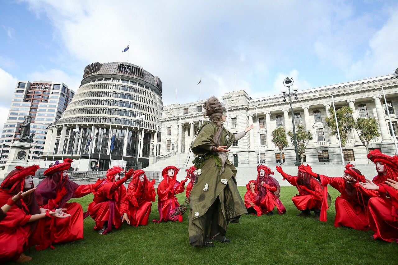 Protesters gather at New Zealand Parliament during an Extinction Rebellion protest on Monday.