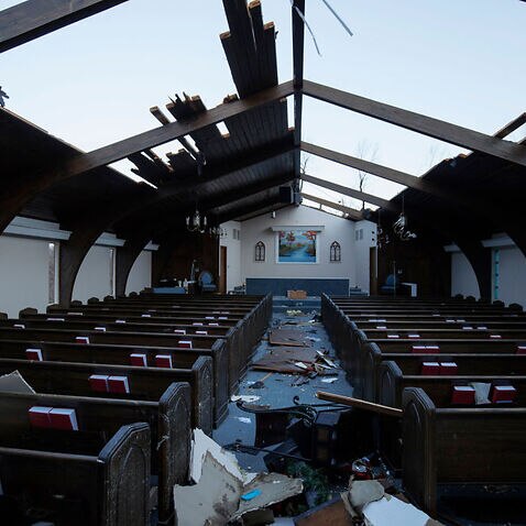 Interior view of tornado damage to Emmanuel Baptist Church on 11 December 2021 in Mayfield, Kentucky.
