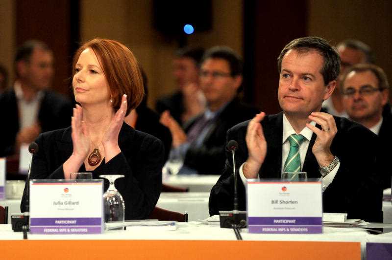 Julia Gillard and Bill Shorten at a tax forum in Canberra, Wednesday, Oct. 5, 2011