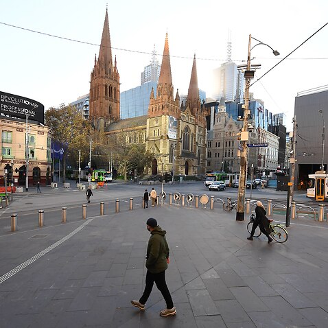Near empty streets in Melbourne after six new community COVID-19 cases were recorded in the state.                  
