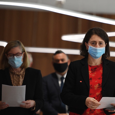 Premier Gladys Berejiklian and NSW Chief Health Officer Dr Kerry Chant during a COVID-19 update in Sydney, Monday, August 30, 2021. (AAP Image/Dean Lewins) NO ARCHIVING