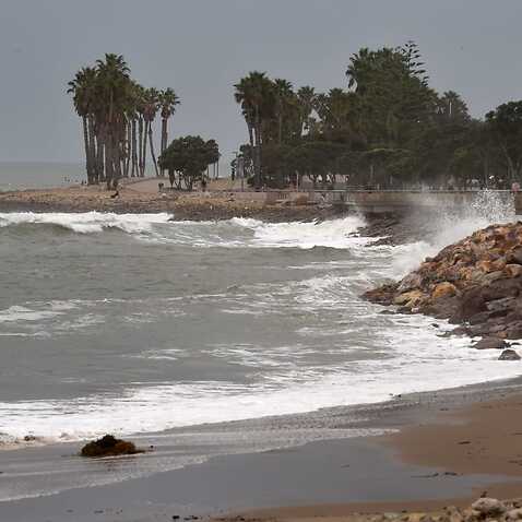 Waves crash along the shore in Ventura on Saturday, Jan. 15, 2022
