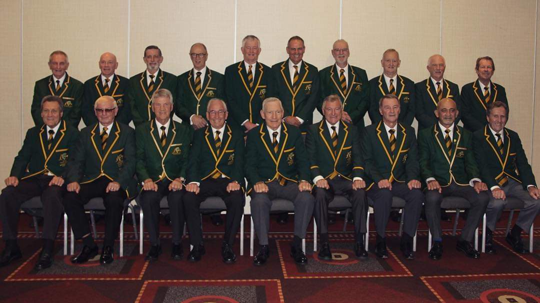 Harry Solomons (front row, second from right) and his Veterans Cricket Australia Over 70’s teammates proudly sporting their green and gold on tour in England
