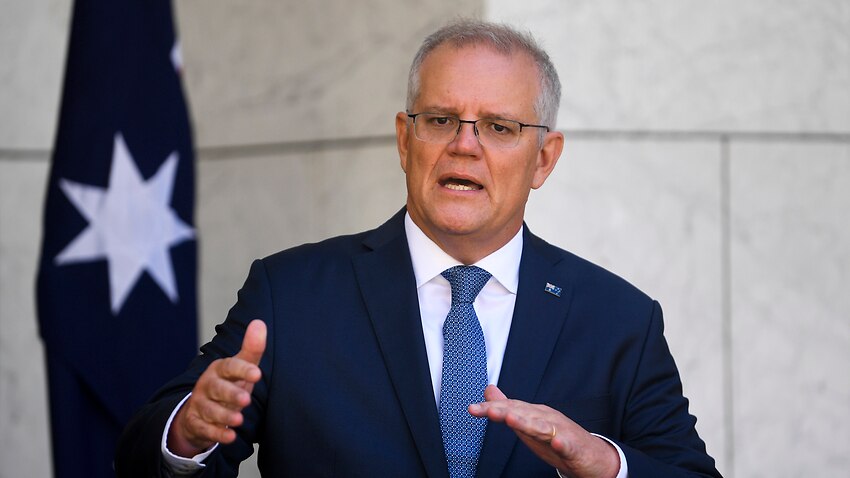 Australian Prime Minister Scott Morrison speaks during a press conference at Parliament House in Canberra, Monday, January 10, 2022. (AAP Image/Lukas Coch) NO ARCHIVING