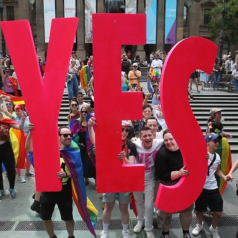People celebrate after the announcement of the same-sex marriage postal survey result in front of the State Library of Victoria in Melbourne.