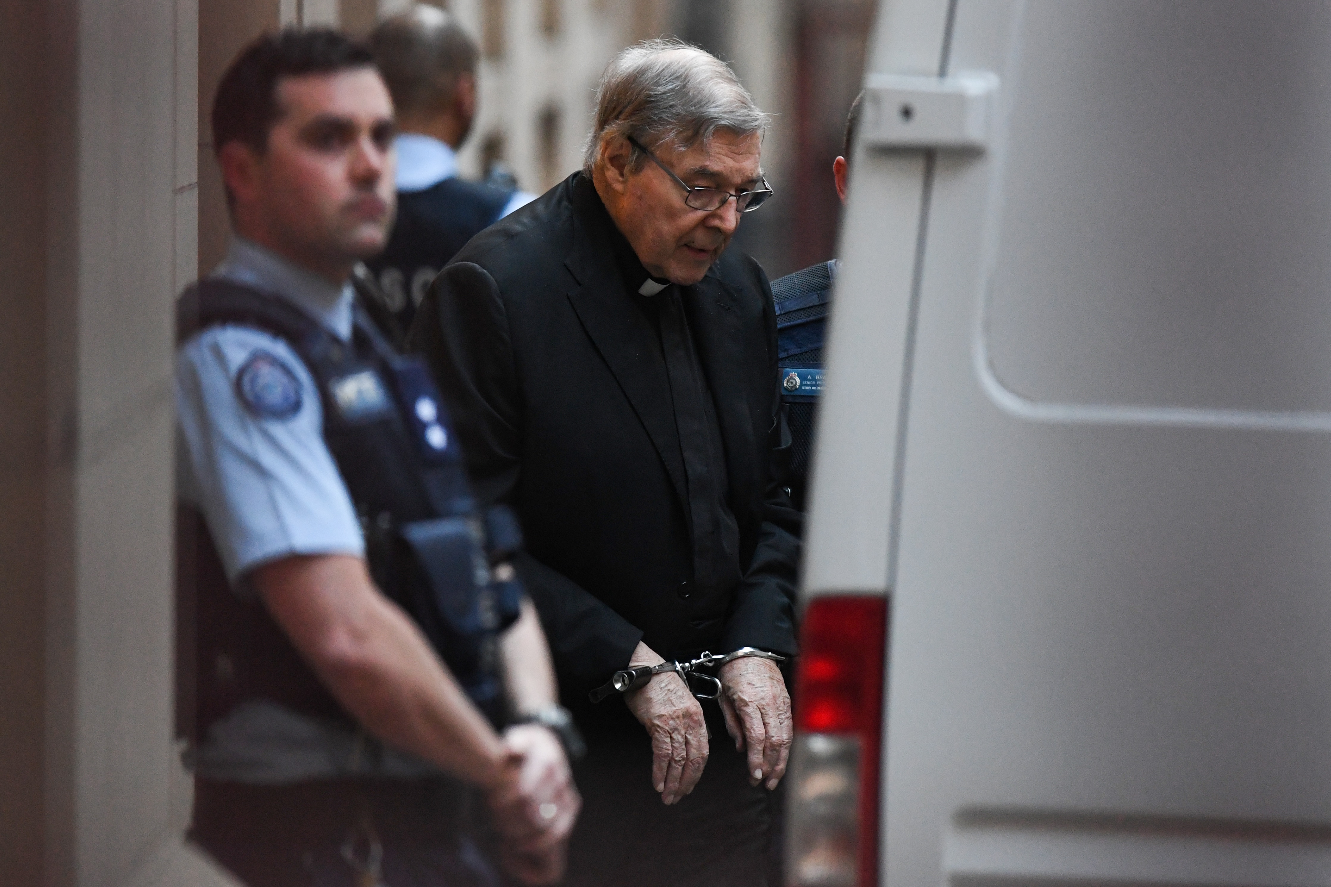 Cardinal George Pell leaves the Supreme Court of Victoria in Melbourne, Thursday, June 6, 2019. 