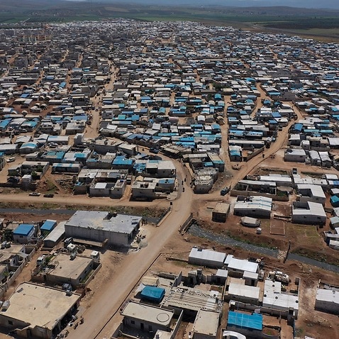 A large refugee camp on the Syrian side of the border with Turkey, near the town of Atma, in Idlib province, Syria.