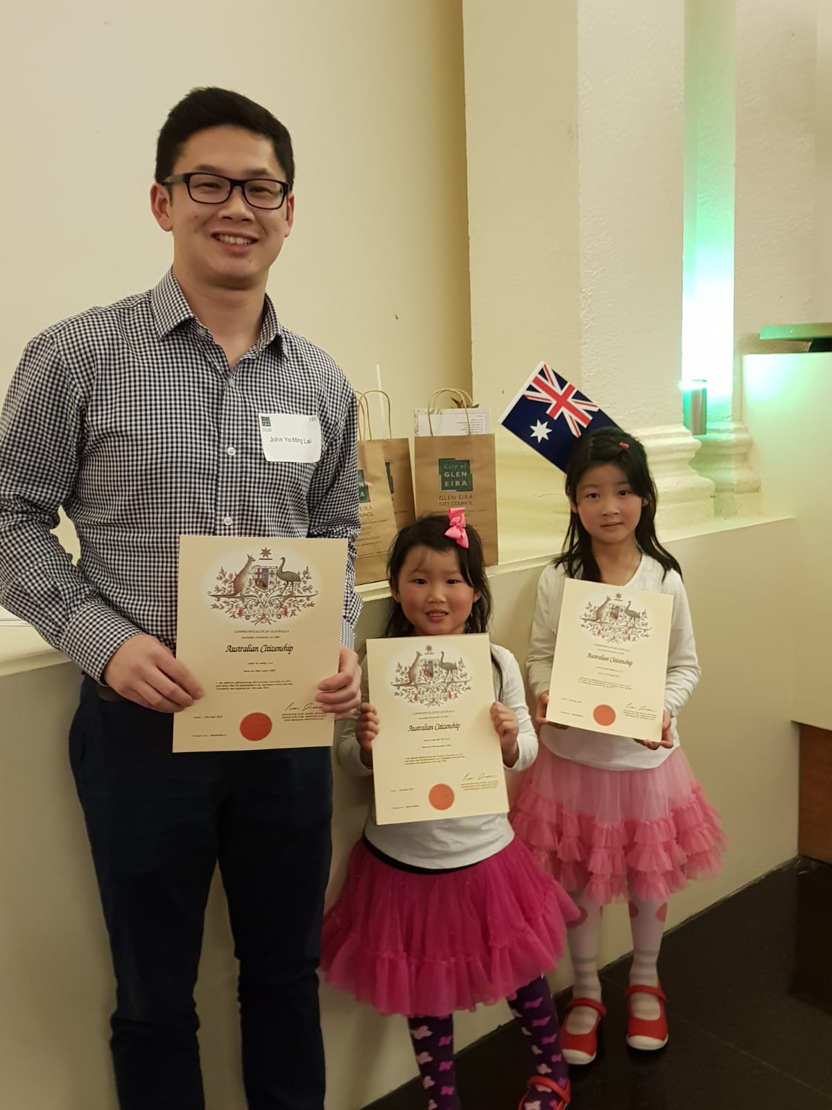 John Lai and his two children, who officially became Australian citizens earlier this month