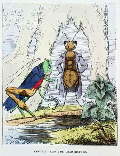 The Grasshopper begs at the Ant's door. Art by Charles H. Bennet (1857).