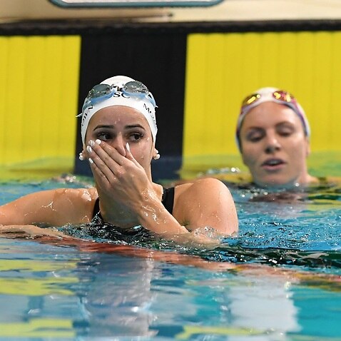 Kaylee McKeown reacts after setting a new World Record at the Australian Swimming Trials