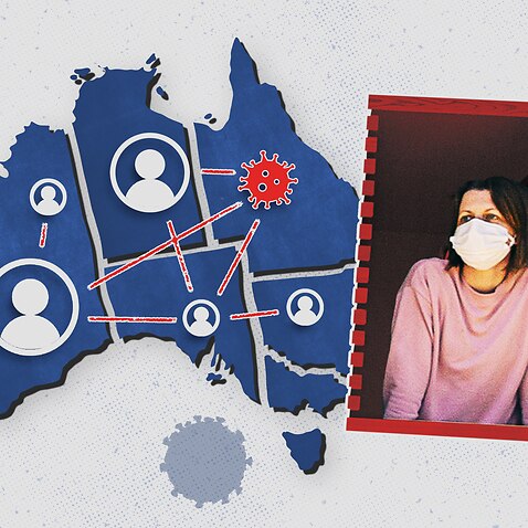 Graphic showing map and woman wearing mask