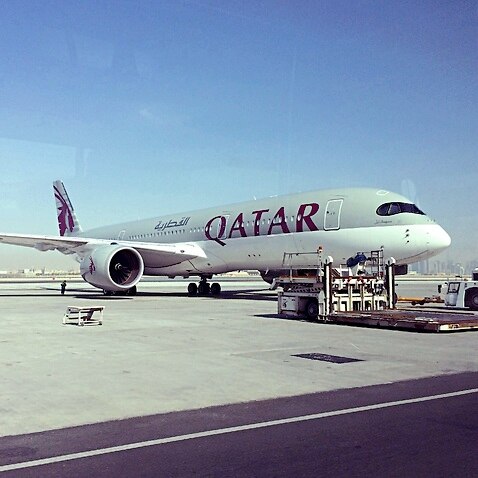 A parked Qatari plane in Hamad International Airport (HIA) in Doha, Qatar.