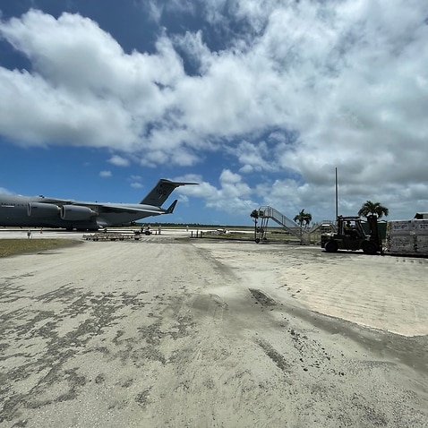 A Royal Australian Air Force (RAAF) C-17A Globemaster III aircraft at Fua'amotu International Airport near Nuku'alofa, Tonga, 20 January 2022,