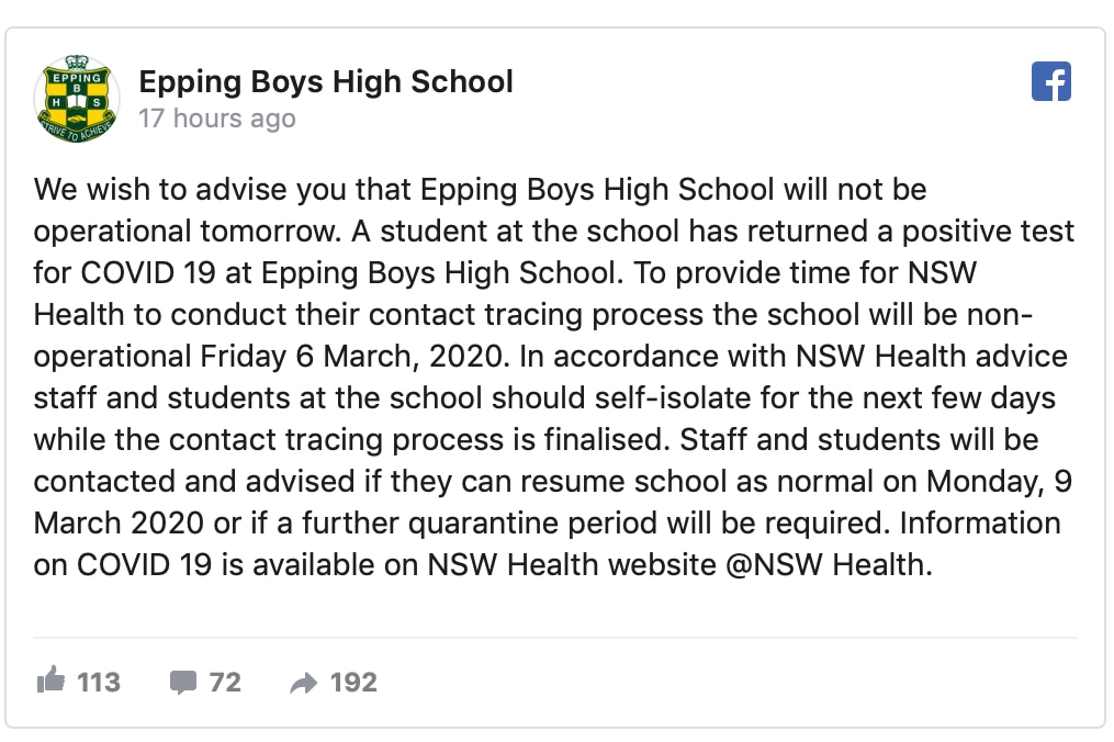 Epping Boys High School Facebook page