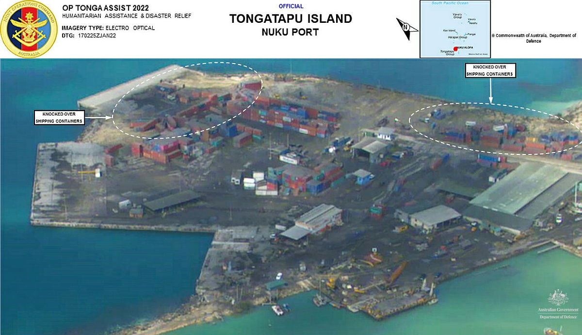 Aerial view of damage to Nuku port on Tonga's main island, Tongatapu.