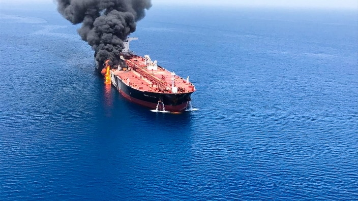 The crude oil tanker Front Altair on fire in the Gulf of Oman.