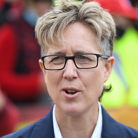 ACTU Secretary Sally McManus speaks to the media after visiting workers taking industrial action outside McCormick Foods in Melbourne, Thursday, March 4, 2021. (AAP Image/Erik Anderson) NO ARCHIVING