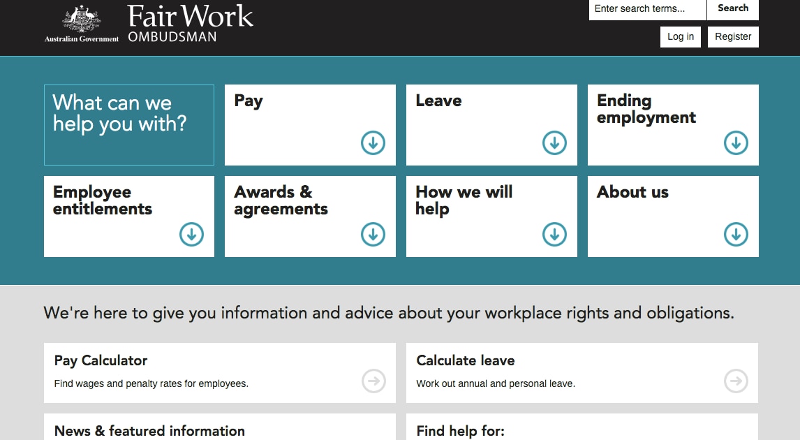 Screenshot of the Fair Work Ombudsman website