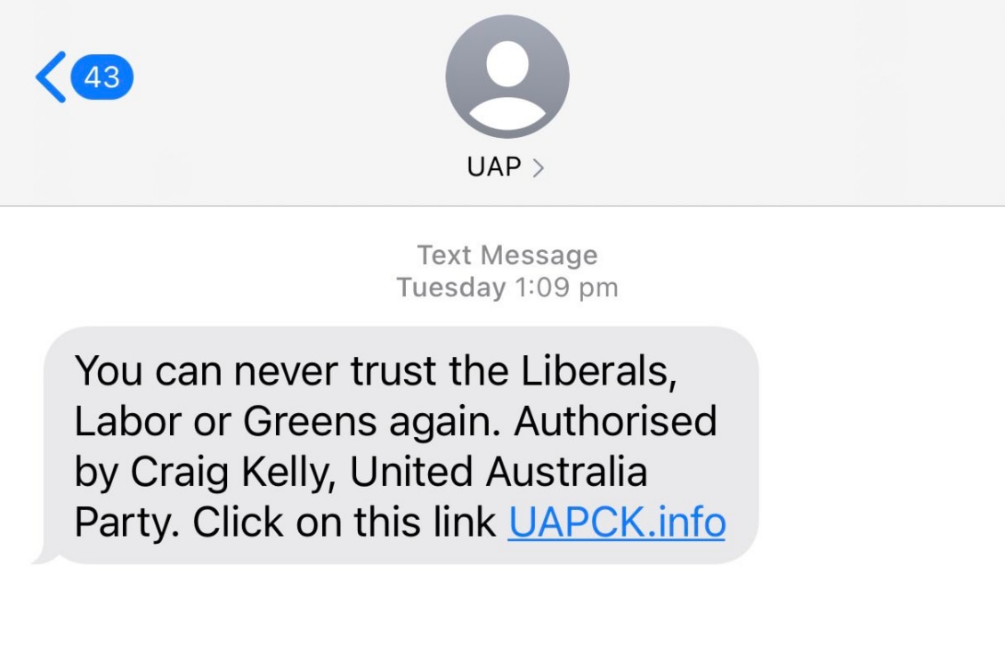 Craig Kelly and the United Australia Party have been accused of sending unsolicited text messages to Australians.
