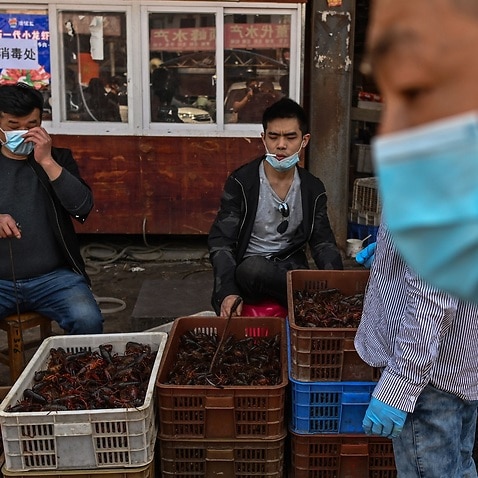 Workers at Wuhan Baishazhou Market in Wuhan in China's Hubei province (Getty)