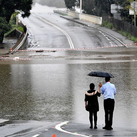 People look out at a flooded residential area in the Windsor area in northwestern Sydney 