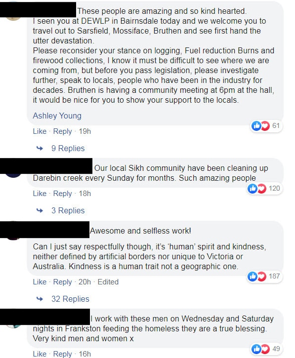 A screenshot of messages shared in response to Premier Daniel Andrews’s social media post that acknowledges Sikh Volunteers’ relief work.  