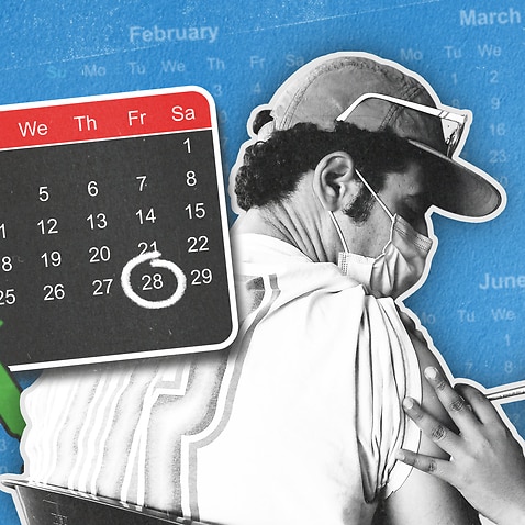 Artwork shows calender with date circled and a man being vaccination