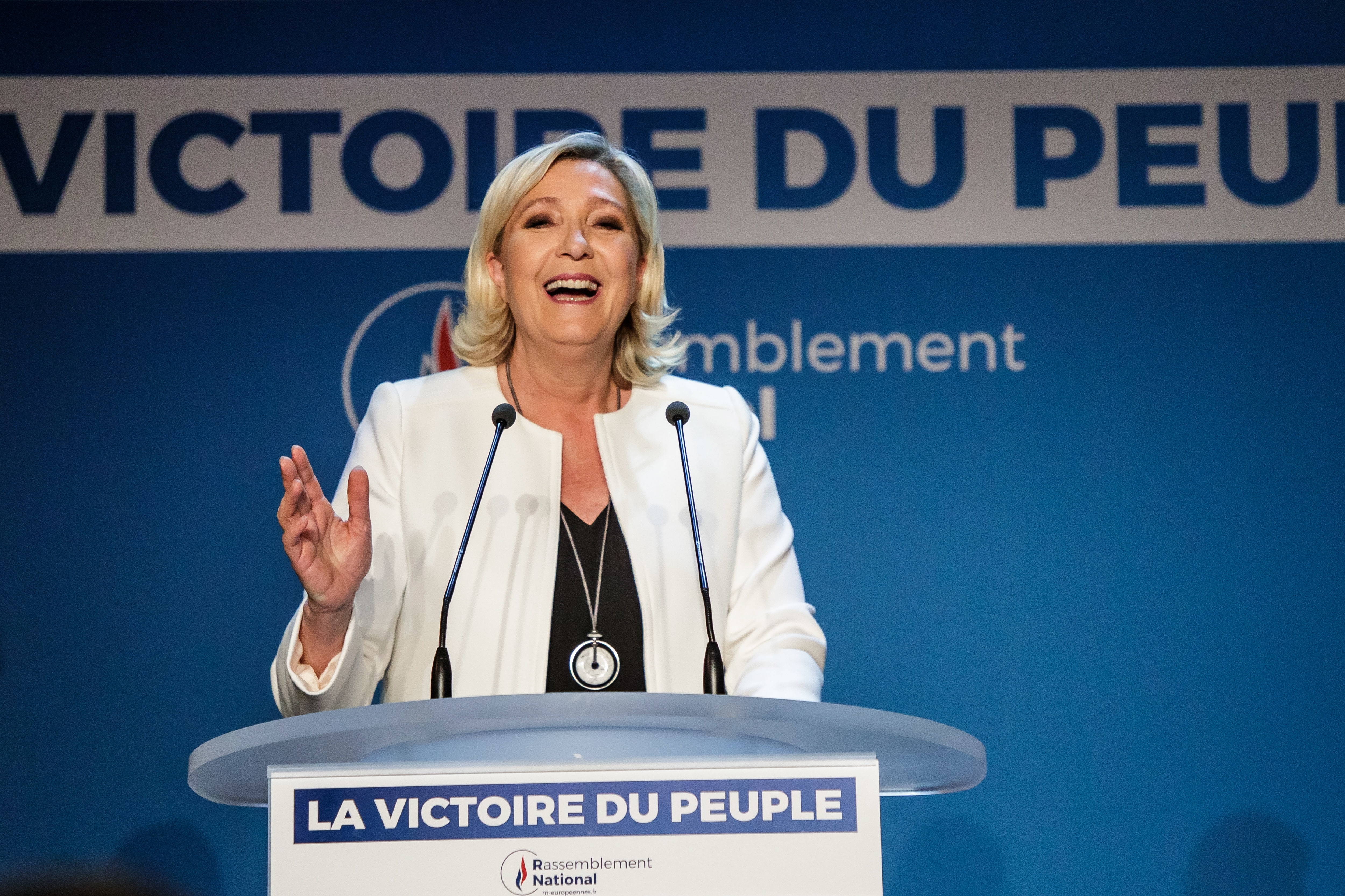 Marine Le Pen hält am 26. Mai 2019 eine Rede in Paris, Frankreich