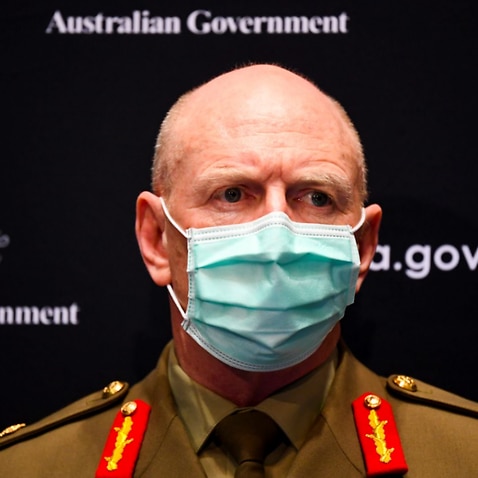 COVID-19 Taskforce Commander, Lieutenant General John Frewen attends a press conference at Parliament House in Canberra.