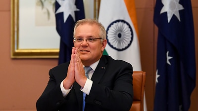 Australian Prime Minister Scott Morrison speaks to Indian Prime Minister Narendra Modi during the 2020 Virtual Leaders Summit between Australia and India at Parliament House in Canberra, Thursday, June 4, 2020. (AAP Image/Lukas Coch) NO ARCHIVING