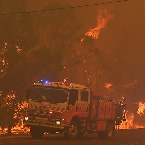 Rural Fire Service (RFS) crews battle the bushfires near homes along the Old Hume Highway near the town of Tahmoor.